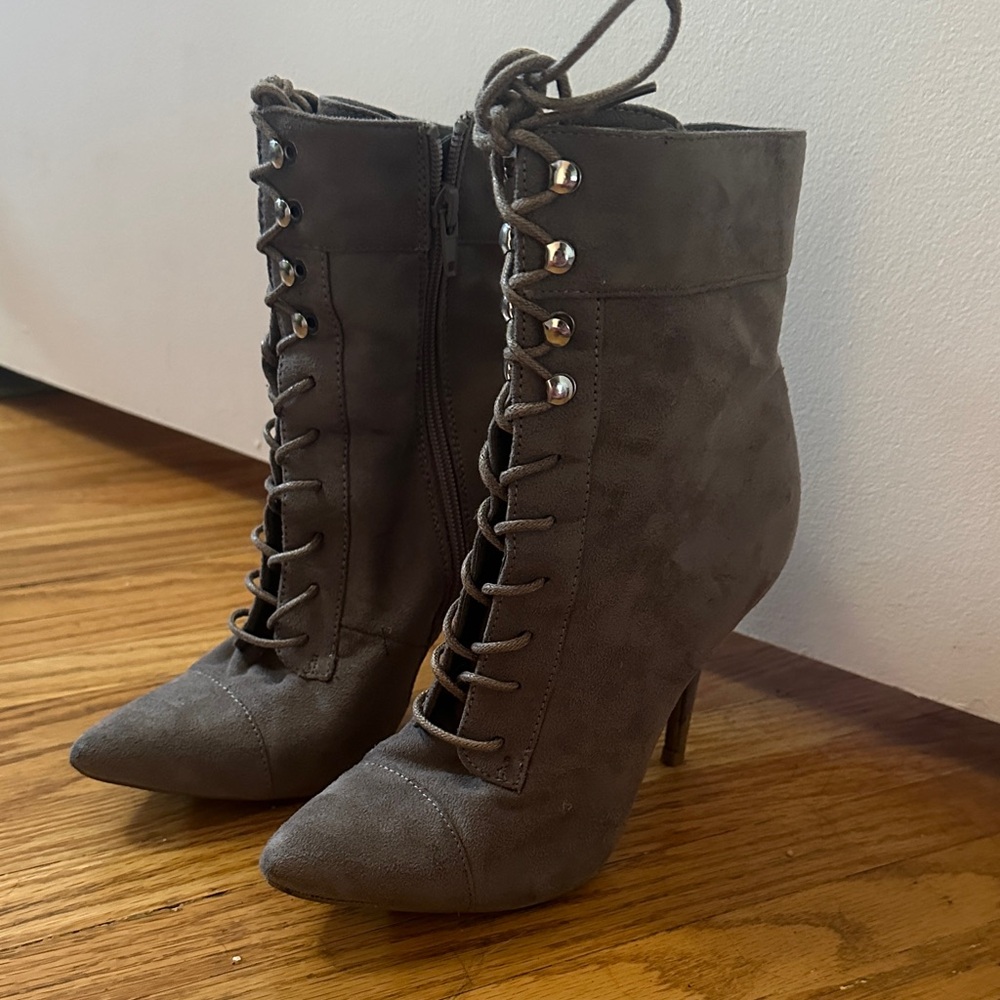 Wild Diva Grey Suede Lace Up High Heel Booties